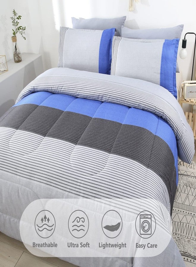 PERFEMET Full Comforter Set 3 Pieces Bedding Set All Seasons Masculine Striped Pattern Vintage Farmhouse Soft Cozy Bedroom for Elegant Men Teen Girls Boys Gray and Blue - Image 2