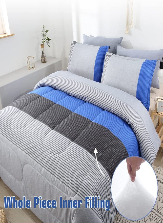PERFEMET Full Comforter Set 3 Pieces Bedding Set All Seasons Masculine Striped Pattern Vintage Farmhouse Soft Cozy Bedroom for Elegant Men Teen Girls Boys Gray and Blue - Image 3