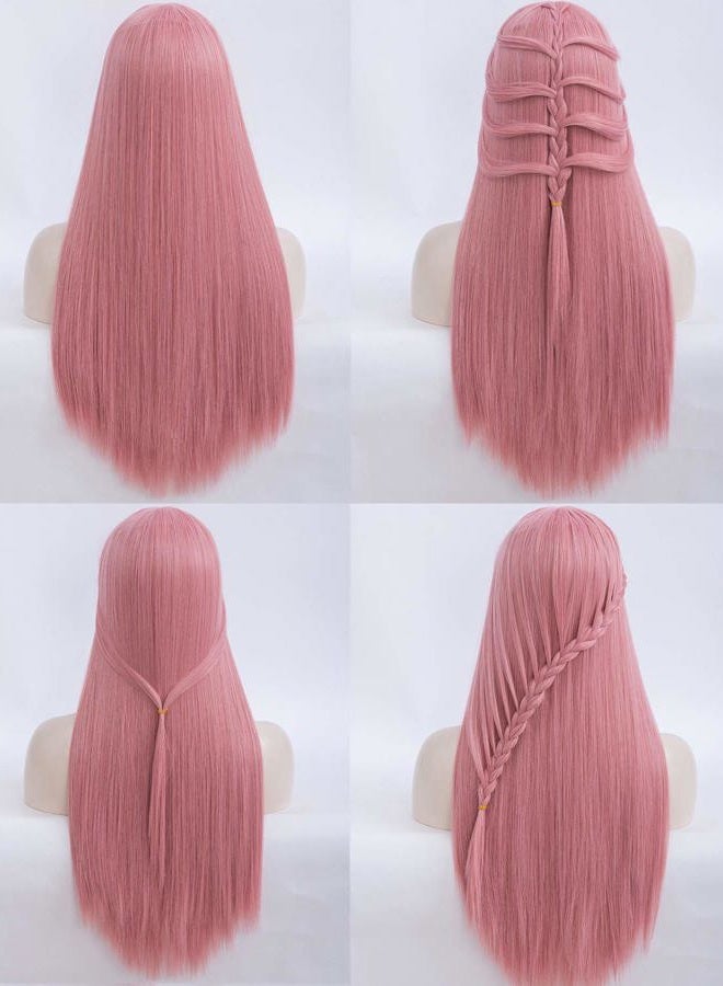 Netgo Pink Wigs, Long Straight Wig with Bangs for Women, 27 inch Heat Resistant Synthetic Cosplay Party Wigs With Bangs for Girls - Image 3