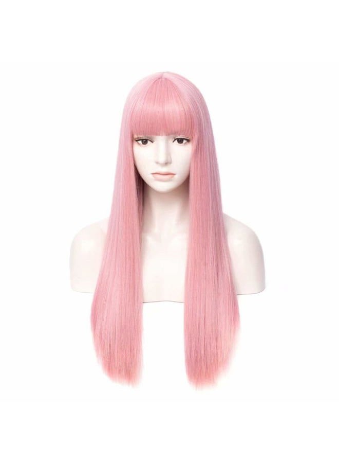 Netgo Pink Wigs, Long Straight Wig with Bangs for Women, 27 inch Heat Resistant Synthetic Cosplay Party Wigs With Bangs for Girls - Image 1