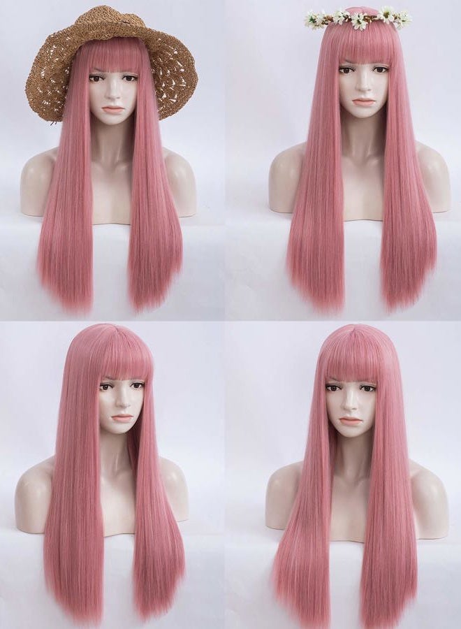 Netgo Pink Wigs, Long Straight Wig with Bangs for Women, 27 inch Heat Resistant Synthetic Cosplay Party Wigs With Bangs for Girls - Image 2
