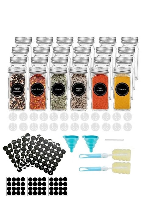 24-Piece Glass Spice Jar Set with Airtight Metal Caps - 120ml（4.06oz） Empty Square Spice Containers with Shaker Lids, Labels, 2Silicone Collapsible Funnel  2Sponge Brush  White board Pen Included Multicolour 120ml（4.06oz)