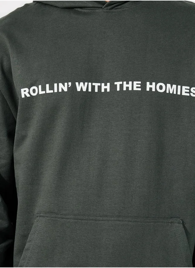 Styli Slogan Text Print Relaxed Fit Hoodie