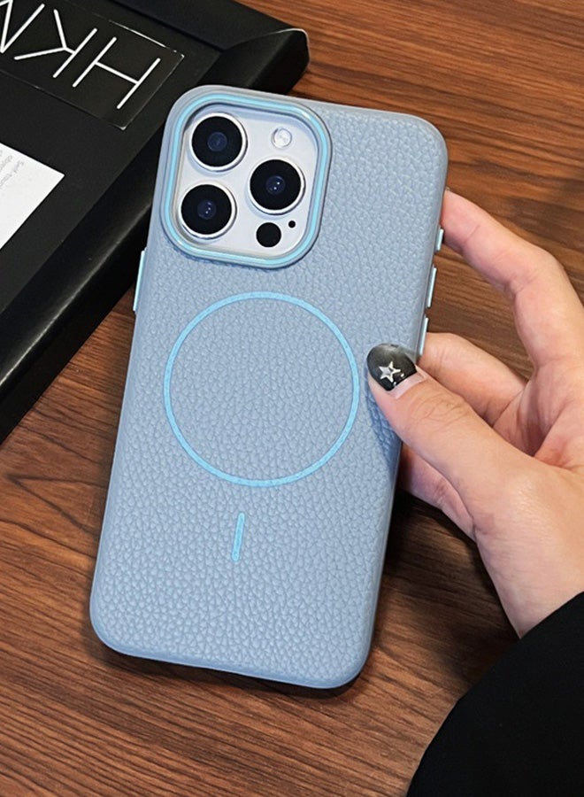 Magsafe Phone Case For iPhone 11 Pro Max With High Quality Rubber Frame And Slim Lychee Pattern Leather Case with Camera Lens Protection Shockproof Cover And support wireless Charging Leather Cover for iPhone 11 Pro Max - Baby Blue  - Image 4