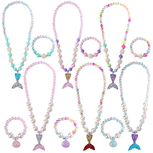 PinkSheep Jewelry Sets Beaded Necklace and Beads Bracelet for Kids Girls 10 Sets Unicorn Cat Mermaid Starfish Shells Bird Owl Necklace and Beads Little Favors Bags for Girls Princess Dress Up Pretend Play Mermaid - Image 1