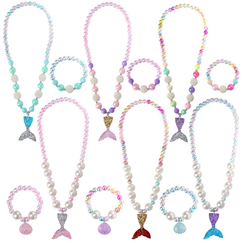 PinkSheep Jewelry Sets Beaded Necklace and Beads Bracelet for Kids Girls 10 Sets Unicorn Cat Mermaid Starfish Shells Bird Owl Necklace and Beads Little Favors Bags for Girls Princess Dress Up Pretend Play Mermaid - Image 2