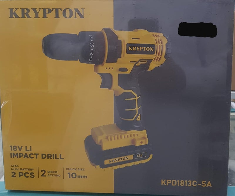 KRYPTON 18V Li Percussion Drill- Kpd1813C-Sa 2 Speed Impact Gearbox, Chuck Size 10 Mm No Load Speed 0-350/0-1100 Rpm, Ergonomic Design With 2 Batteries Black And Yellow