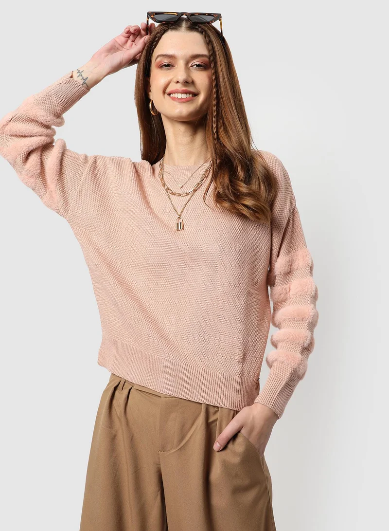 كامبوس سوترا Women's Sherpa-Lined Knit Pullover Sweater | Round Neck , Long Ribbed Cuff Sleeves , Pull On , Ribbed-Straight Hem | Solid Cotton-Blend Jacquard Material For Casual & Daily | Blush Pink