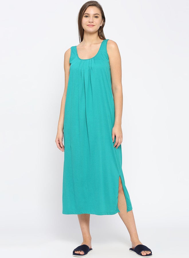 Red Rose RedRose Green Solid Round Neck Cotton Nighty Long Slip - Image 1