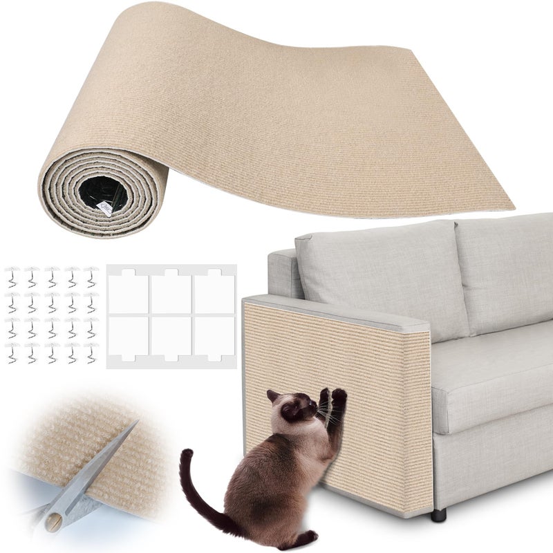 Inchoco Cat Scratching Pad - 78.7" x 15.8" Trimmable Self-Adhesive Cats Claws Scratch Furniture Protector, DIY Cat Climbing Couch Protector for Scratch Post Cat Tree Replacement Indoor (Khaki) - Image 1