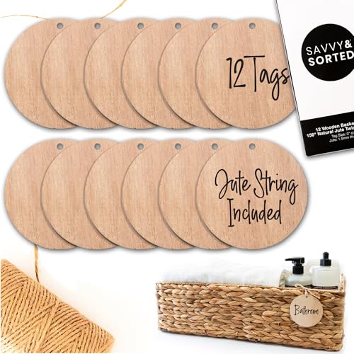 SAVVY & SORTED 12 Round Wooden Ornament Basket Tags for Storage Bin, 3” Wood Bin Labels with Jute String - Hanging Basket Labels for Pantry, Closet Organization, Blank Personalized Craft Tags - Image 1