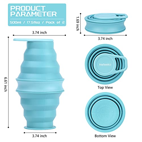 Nefeeko Collapsible Water Bottle,2 Pack 17oz Reuseable BPA Free Silicone Foldable Water Bottles for Travel Gym Camping Hiking, Portable Leak Proof Sports Water Bottle with Carabiner - Image 2