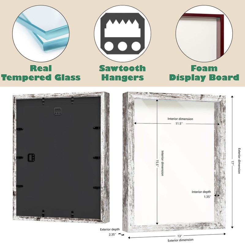 FrameWorks 12x16 Driftwood Wooden Shadow Box Frame - Soft Felt Back  Tempered Glass  and Included Elegant White Ball Push Pins - Image 3