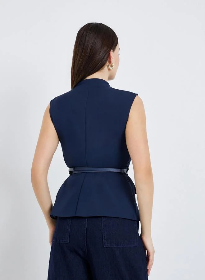 Styli  Women Navy Blue Belted Sleeveless Waistcoat for Women | Best Price UAE