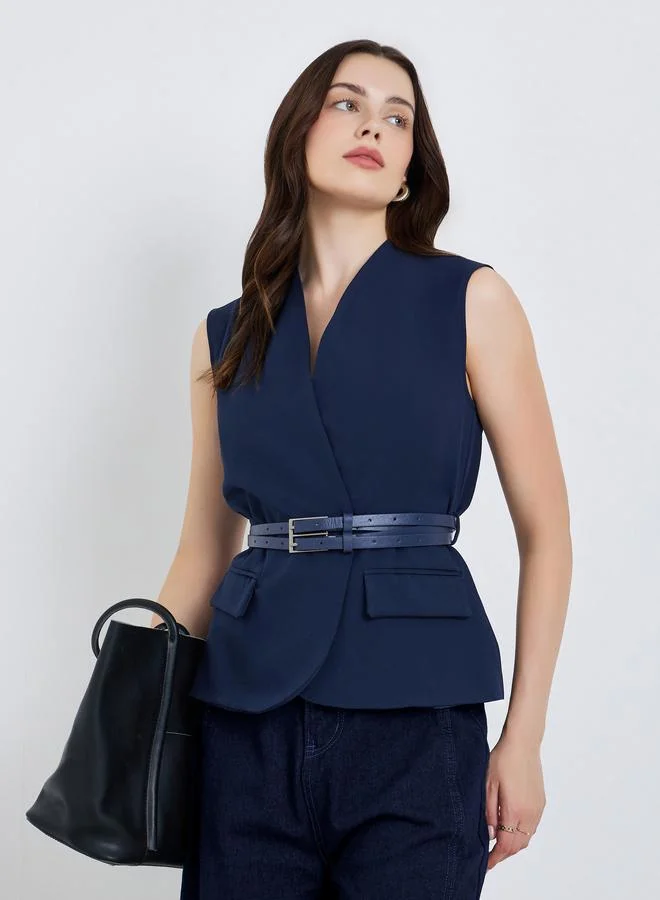 Styli Women Navy Blue Belted Sleeveless Waistcoat