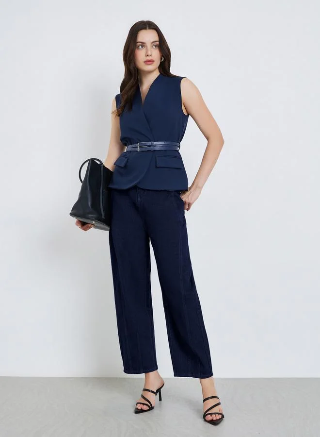 Styli Women Navy Blue Belted Sleeveless Waistcoat