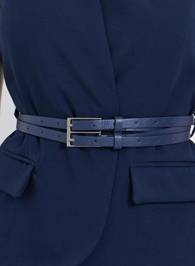 Styli  Women Navy Blue Belted Sleeveless Waistcoat for Women | Best Price UAE