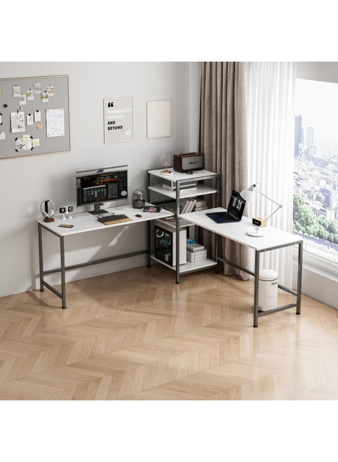 زويهاو مكتب ألعاب على شكل حرف L مع أرفف كتب قابلة للعكس، مكتب عمل طويل أبيض - Image 5