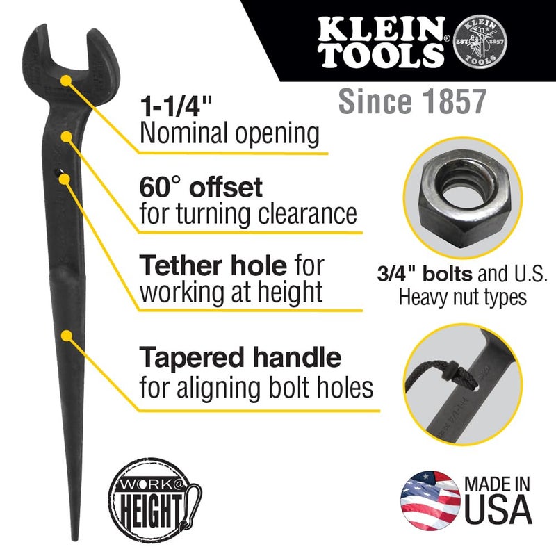 KLEIN TOOLS 3212TT Construction Spud Wrench with Tether Hole, Made in USA, 1-1/4-Inch Nominal Opening, 3/4-Inch Bolt for US Heavy Nut - Image 2