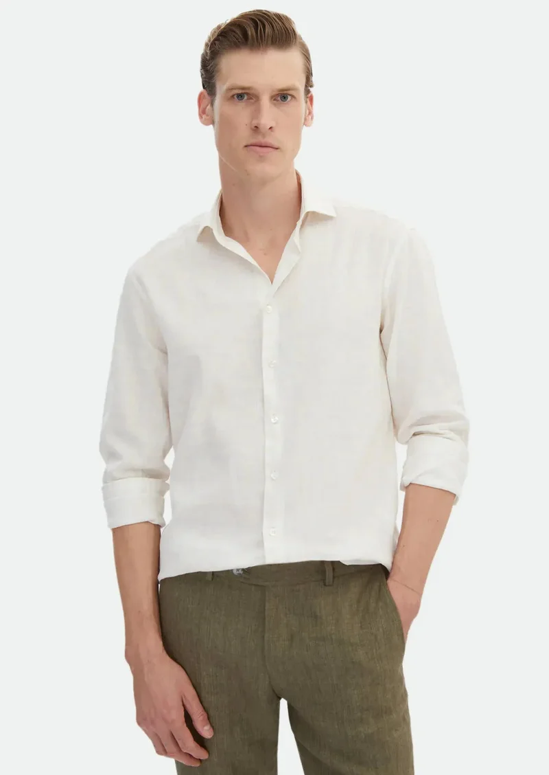 رامسي قميص كاجوال مطبوع بلون بيج فاتح، بقصة عادية، مصنوع من الكتان بنسبة 100%