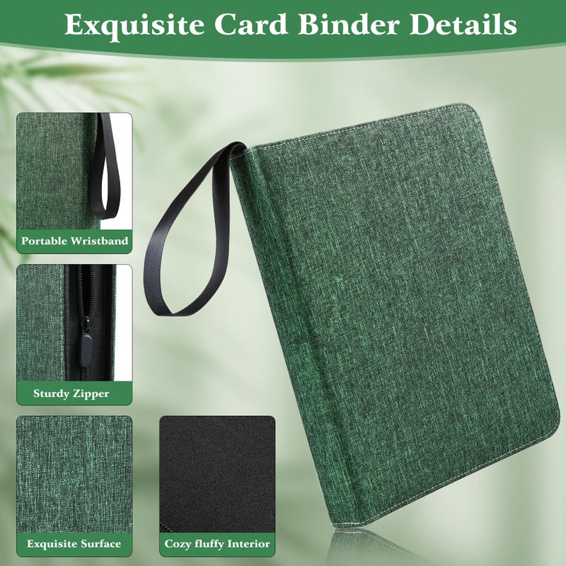 WOT I Trading Card Binder, 900 Pockets Collection Card Binder Sleeves with Polyester Fabric Cover&Zipper, Double Sided Pockets Card Holder Carry Card Case for Standard Size Cards - Green - Image 3