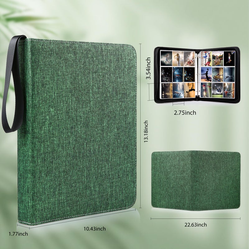 WOT I Trading Card Binder, 900 Pockets Collection Card Binder Sleeves with Polyester Fabric Cover&Zipper, Double Sided Pockets Card Holder Carry Card Case for Standard Size Cards - Green - Image 2