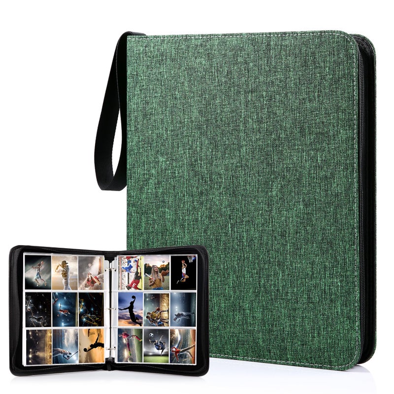 WOT I Trading Card Binder, 900 Pockets Collection Card Binder Sleeves with Polyester Fabric Cover&Zipper, Double Sided Pockets Card Holder Carry Card Case for Standard Size Cards - Green - Image 1