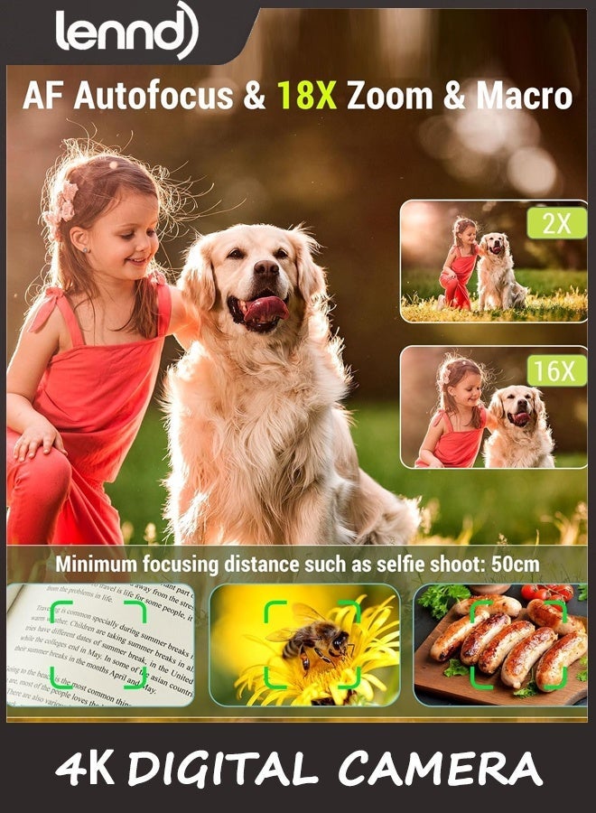 LENND Digital Camera, 4K 64MP Cameras for Photography, 270°Flip Screen Vlogging Camera, Autofocus, Flash, 18X Zoom, 2 Batteries, 64GB Card, Point and Shoot Digital Cameras for Kids Teens, Black - Image 3