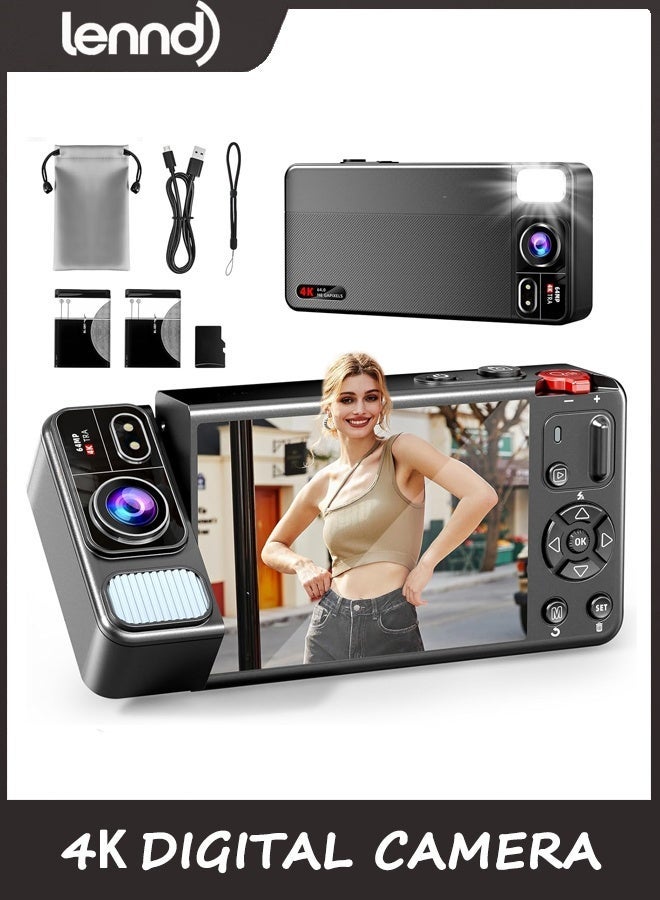 LENND Digital Camera, 4K 64MP Cameras for Photography, 270°Flip Screen Vlogging Camera, Autofocus, Flash, 18X Zoom, 2 Batteries, 64GB Card, Point and Shoot Digital Cameras for Kids Teens, Black - Image 1