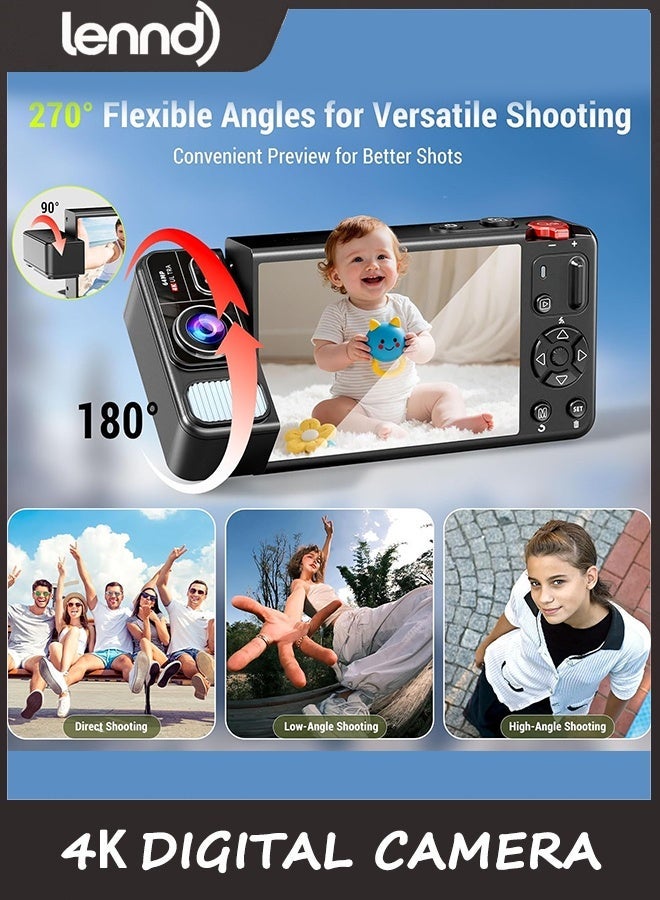 LENND Digital Camera, 4K 64MP Cameras for Photography, 270°Flip Screen Vlogging Camera, Autofocus, Flash, 18X Zoom, 2 Batteries, 64GB Card, Point and Shoot Digital Cameras for Kids Teens, Black - Image 2