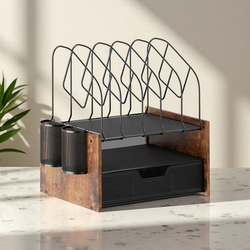 Boershun Wood Desk Organizer - 2-Tier Desktop File Organizer with Drawer with Vertical File Holder, Wooden Paper Tray, Office Desk Organzier and Accessories for Papers, Mail, Notebooks, Stationery - Image 2
