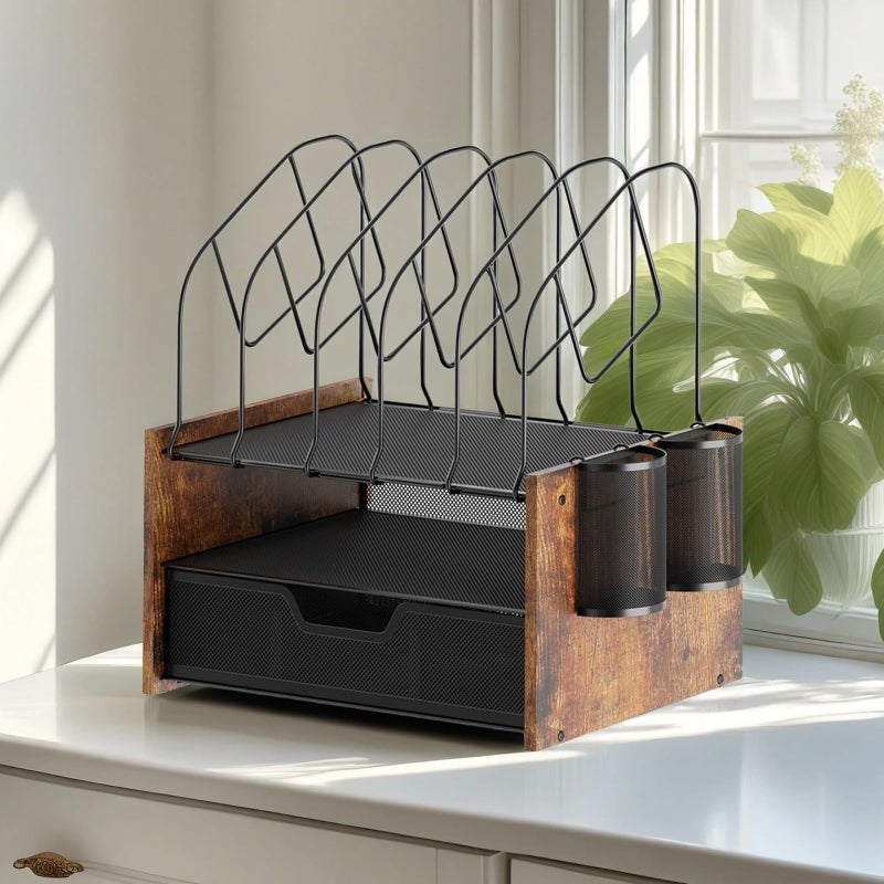Boershun Wood Desk Organizer - 2-Tier Desktop File Organizer with Drawer with Vertical File Holder, Wooden Paper Tray, Office Desk Organzier and Accessories for Papers, Mail, Notebooks, Stationery - Image 3