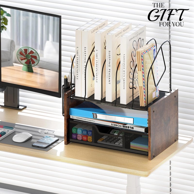 Boershun Wood Desk Organizer - 2-Tier Desktop File Organizer with Drawer with Vertical File Holder, Wooden Paper Tray, Office Desk Organzier and Accessories for Papers, Mail, Notebooks, Stationery - Image 5