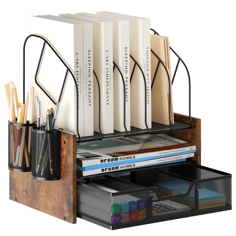 Boershun Wood Desk Organizer - 2-Tier Desktop File Organizer with Drawer with Vertical File Holder, Wooden Paper Tray, Office Desk Organzier and Accessories for Papers, Mail, Notebooks, Stationery - Image 1