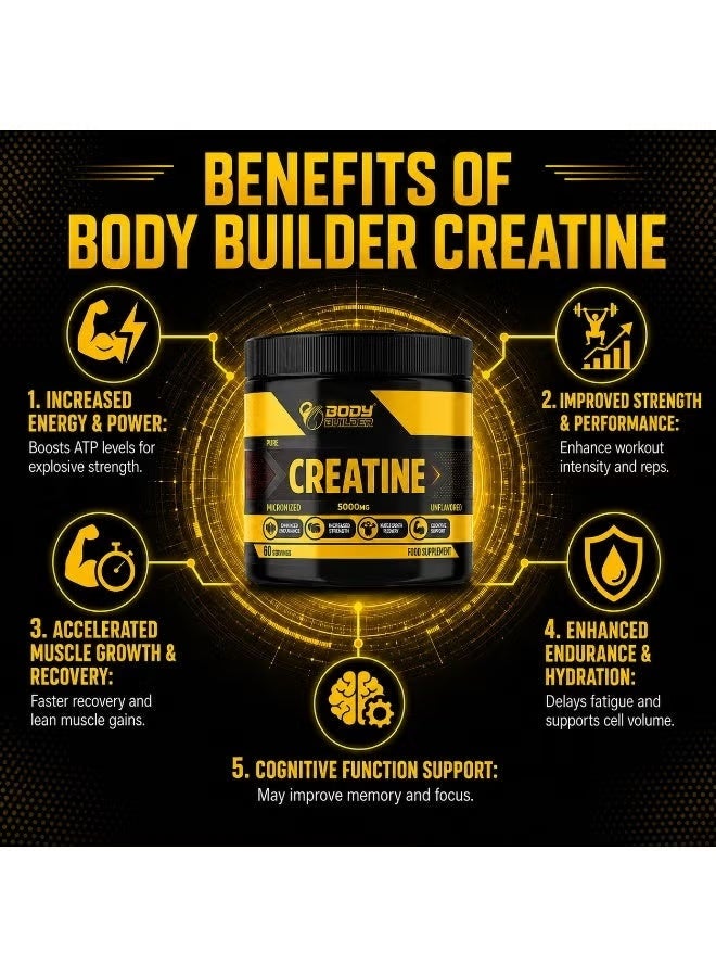 Body Builder Creatine Monohydrate -300 Gm- 5000mg Monohydrate Per Serving -60 Servings- Plain Unflavored - Image 2