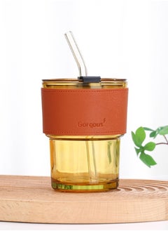 Gorgous A coffee cup consisting of 4 pieces, a holder made of leather, a lid and a straw, with a capacity of 400 ml, brown colour  - Image 1