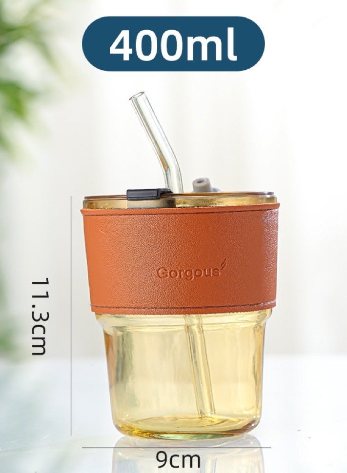 Gorgous A coffee cup consisting of 4 pieces, a holder made of leather, a lid and a straw, with a capacity of 400 ml, brown colour - Image 2