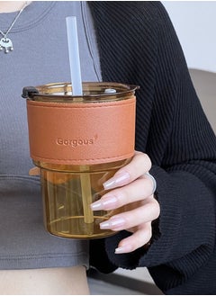 Gorgous A coffee cup consisting of 4 pieces, a holder made of leather, a lid and a straw, with a capacity of 400 ml, brown colour  - Image 3