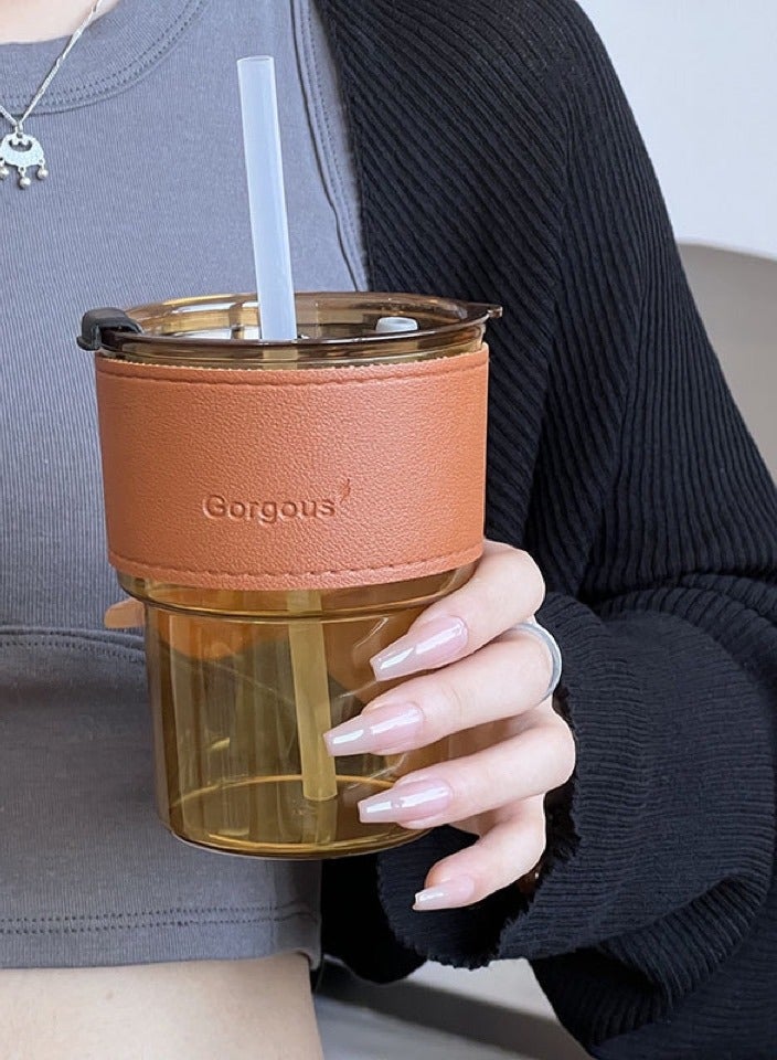 Gorgous A coffee cup consisting of 4 pieces, a holder made of leather, a lid and a straw, with a capacity of 400 ml, brown colour - Image 3