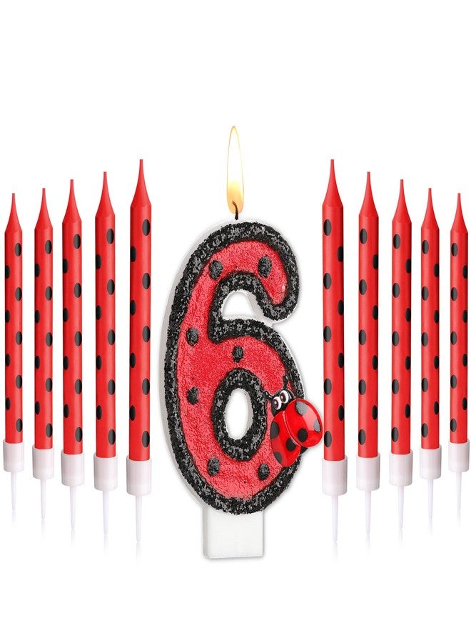 Herdear Ladybug Number 6 Birthday Cake Candle Numeral Candles Birthday Decorations Black Red Polka Dots Ladybird Dots Ladybug Theme Candles for Baby Shower Party - Image 1