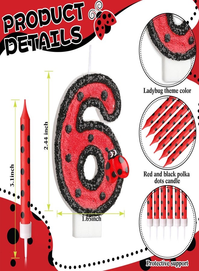 Herdear Ladybug Number 6 Birthday Cake Candle Numeral Candles Birthday Decorations Black Red Polka Dots Ladybird Dots Ladybug Theme Candles for Baby Shower Party - Image 2