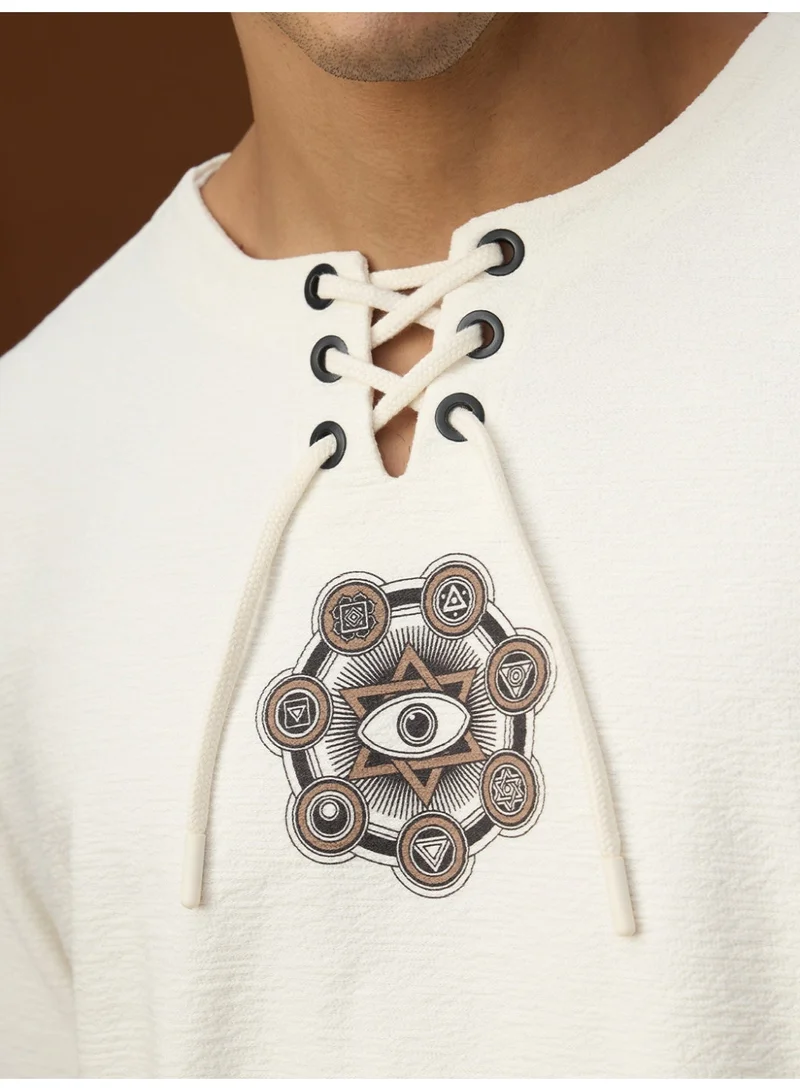 The Souled Store  The Souled Store TSS Originals: Seven Chakras Men and Boys Short Sleeves Lace-Up Neck Off White Spiritual Graphic Oversized T-Shirts for Men | Best Price UAE