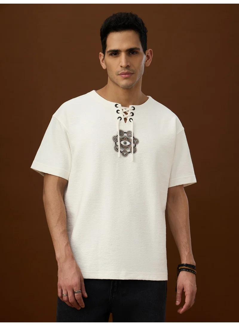 The Souled Store TSS Originals: Seven Chakras Men and Boys Short Sleeves Lace-Up Neck Off White Spiritual Graphic Oversized T-Shirts