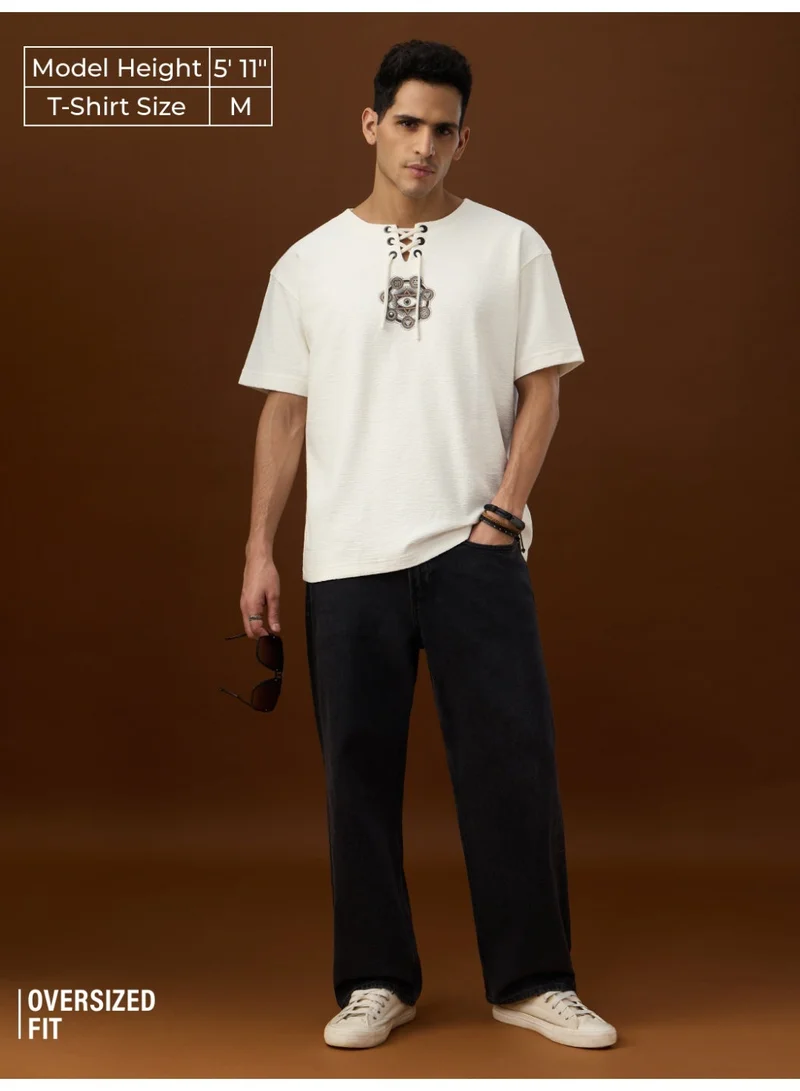 The Souled Store  The Souled Store TSS Originals: Seven Chakras Men and Boys Short Sleeves Lace-Up Neck Off White Spiritual Graphic Oversized T-Shirts for Men | Best Price UAE