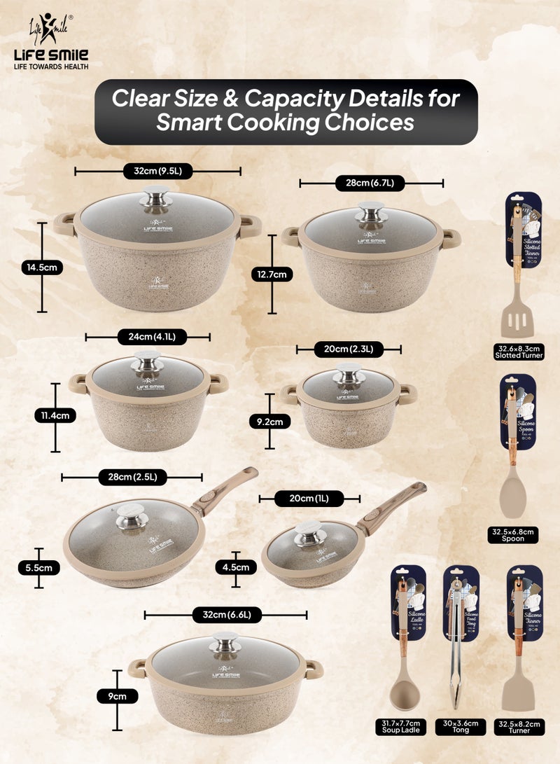 Life Smile Nonstick Cookware Set 29 pcs Cookwares-Induction Base Pots and Pans set-Granite Coating Cooking Pots set Includes 32cmx9.5L Casserole with Lid, 28cmx6.7L Casserole with Lid, 24cmx4.1L Casserole with Lid, 20cmx2.3L Casserole with Lid, 28cmx2.5L Fry pan,20cmx1L Fry pan 32cmx6.6L Shallow pot with Lid & Silicone Utensils - Image 3