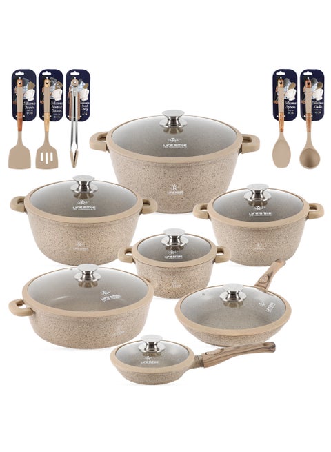 طقم أواني طهي غير لاصقة 29 قطعة - طقم أواني وقِدرات بقاعدة تحريض - طقم أواني طهي بتغطية جرانيت يتضمن قدر 32 سم × 9.5 لتر مع غطاء، قدر 28 سم × 6.7 لتر مع غطاء، قدر 24 سم × 4.1 لتر مع غطاء، قدر 20 سم × 2.3 لتر مع غطاء، مقلاة 28 سم × 2.5 لتر، مقلاة 20 سم × 1 لتر، قدر ضحل 32 سم × 6.6 لتر مع غطاء وأدوات سيليكون.
