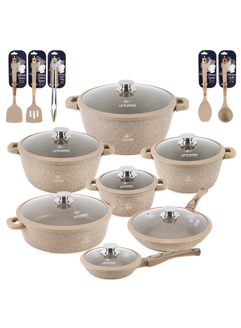 Life Smile Nonstick Cookware Set 29 pcs Cookwares-Induction Base Pots and Pans set-Granite Coating Cooking Pots set Includes 32cmx9.5L Casserole with Lid, 28cmx6.7L Casserole with Lid, 24cmx4.1L Casserole with Lid, 20cmx2.3L Casserole with Lid, 28cmx2.5L Fry pan,20cmx1L Fry pan 32cmx6.6L Shallow pot with Lid & Silicone Utensils - Image 1