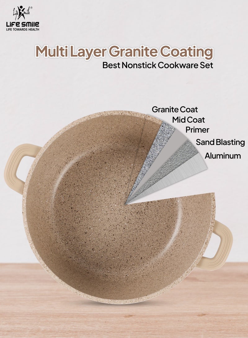 Life Smile Nonstick Cookware Set 29 pcs Cookwares-Induction Base Pots and Pans set-Granite Coating Cooking Pots set Includes 32cmx9.5L Casserole with Lid, 28cmx6.7L Casserole with Lid, 24cmx4.1L Casserole with Lid, 20cmx2.3L Casserole with Lid, 28cmx2.5L Fry pan,20cmx1L Fry pan 32cmx6.6L Shallow pot with Lid & Silicone Utensils - Image 4