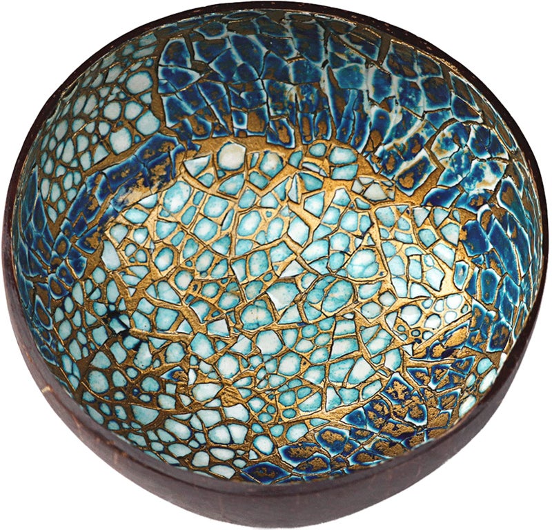ChezMax Natural Coconut Bowl with Mother of Pearl Inlays - Key Bowl & Fruit Snack Holder (Blue-Gold) - Image 1