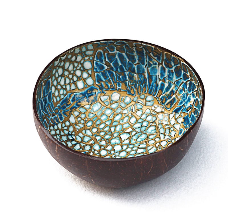 ChezMax Natural Coconut Bowl with Mother of Pearl Inlays - Key Bowl & Fruit Snack Holder (Blue-Gold) - Image 2